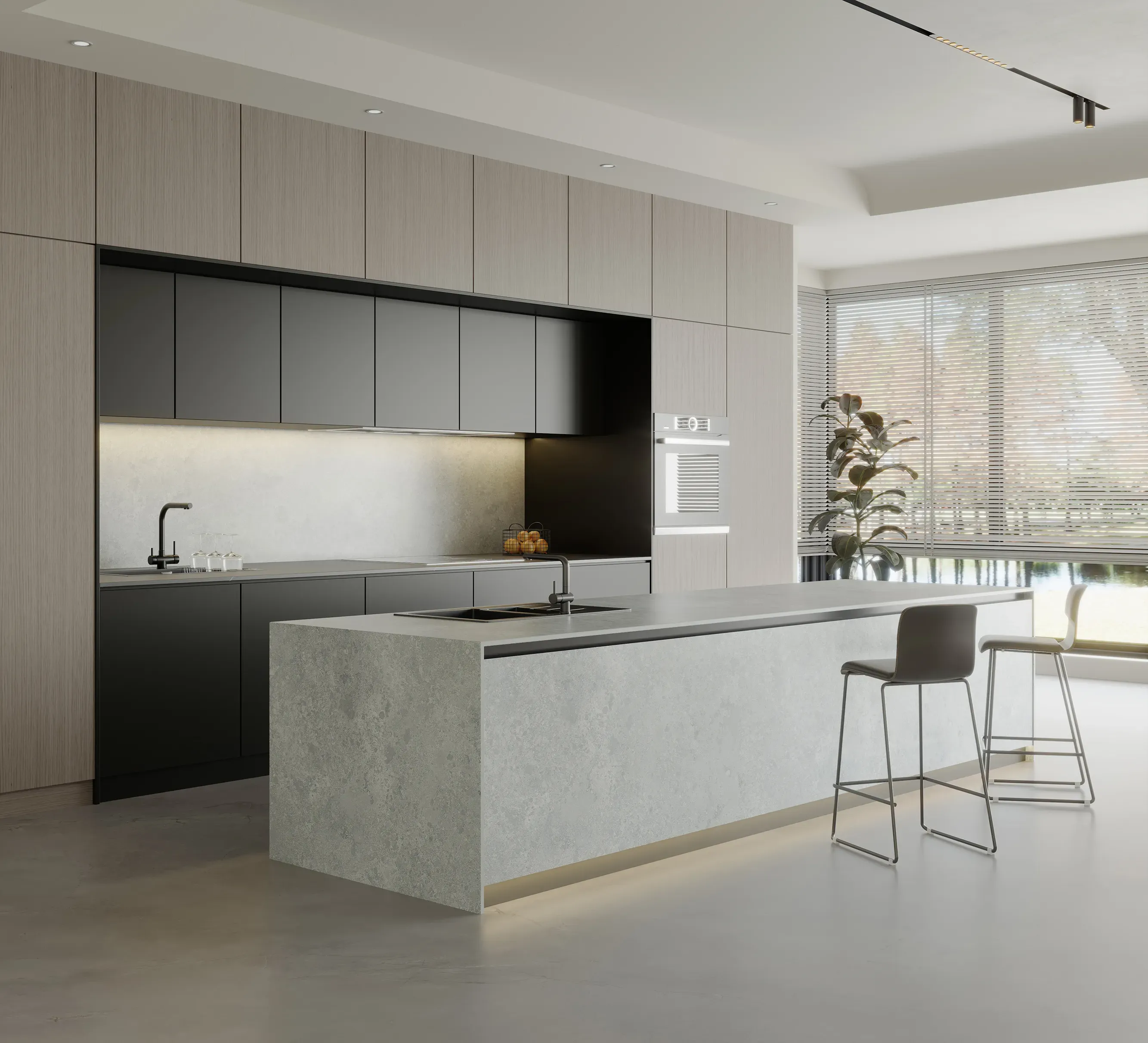 Bianca Luna waterfall island and splashback in a contemporary kitchen