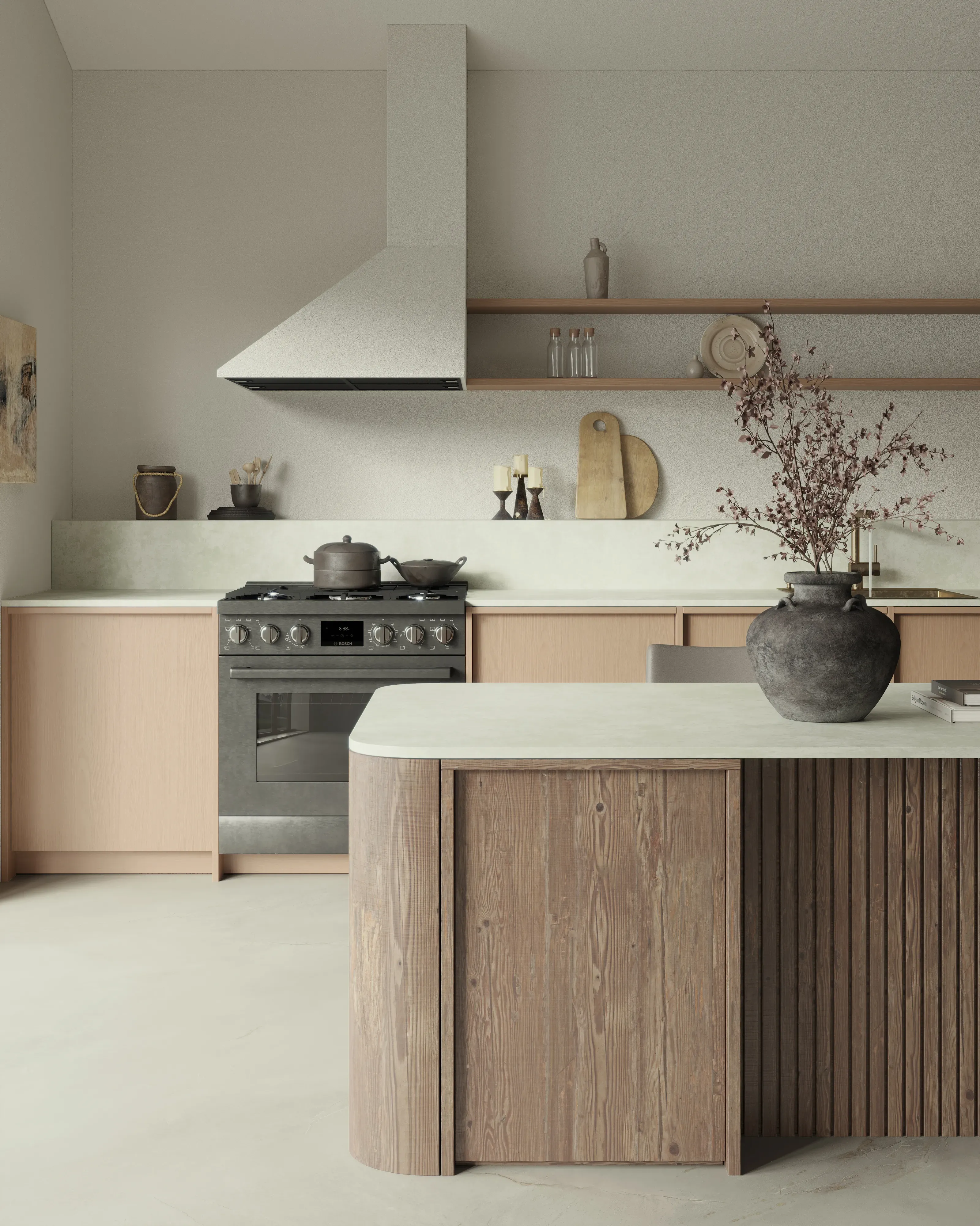 Bianca Luna kitchen countertop with warm timber cabinetry