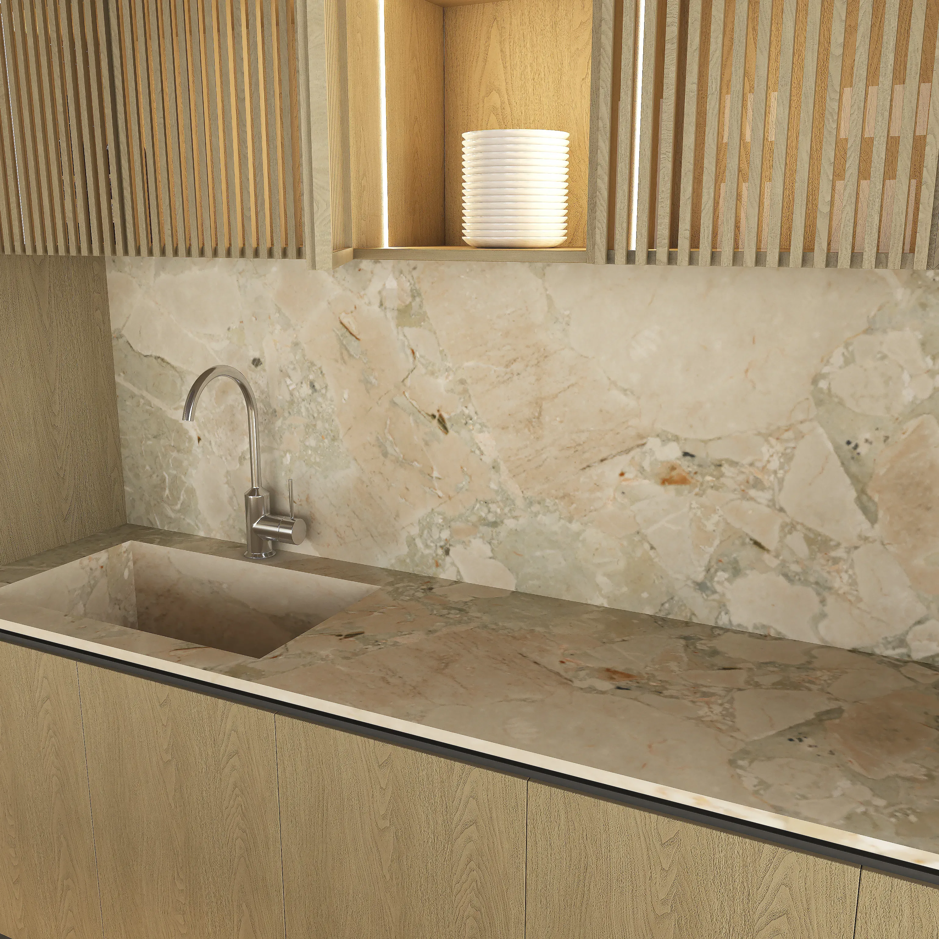 Breccia Aurora Natural countertop and matching kitchen splashback