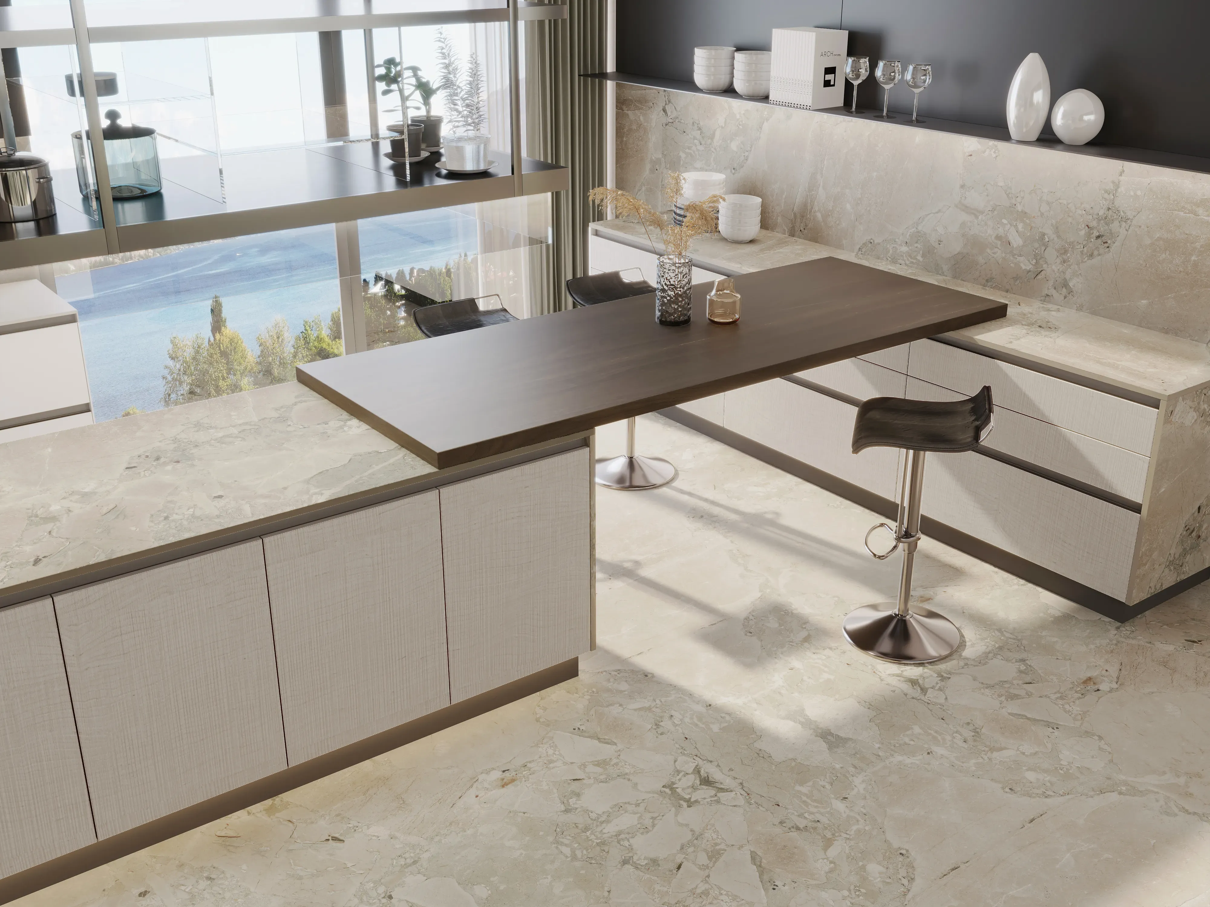 Breccia Aurora Natural surfaces in a contemporary kitchen overlooking the water