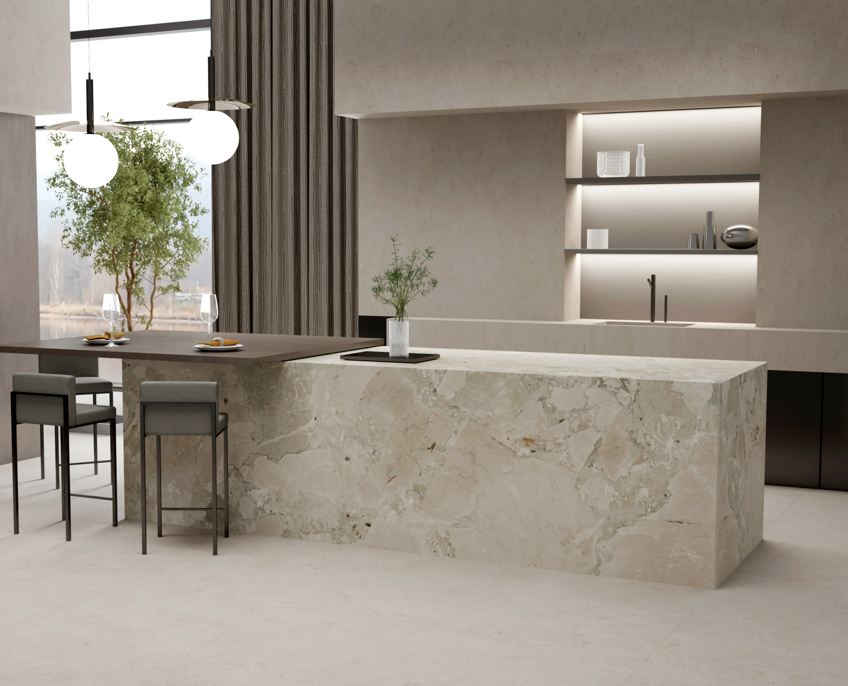 Breccia Aurora Natural island in a softly lit neutral kitchen