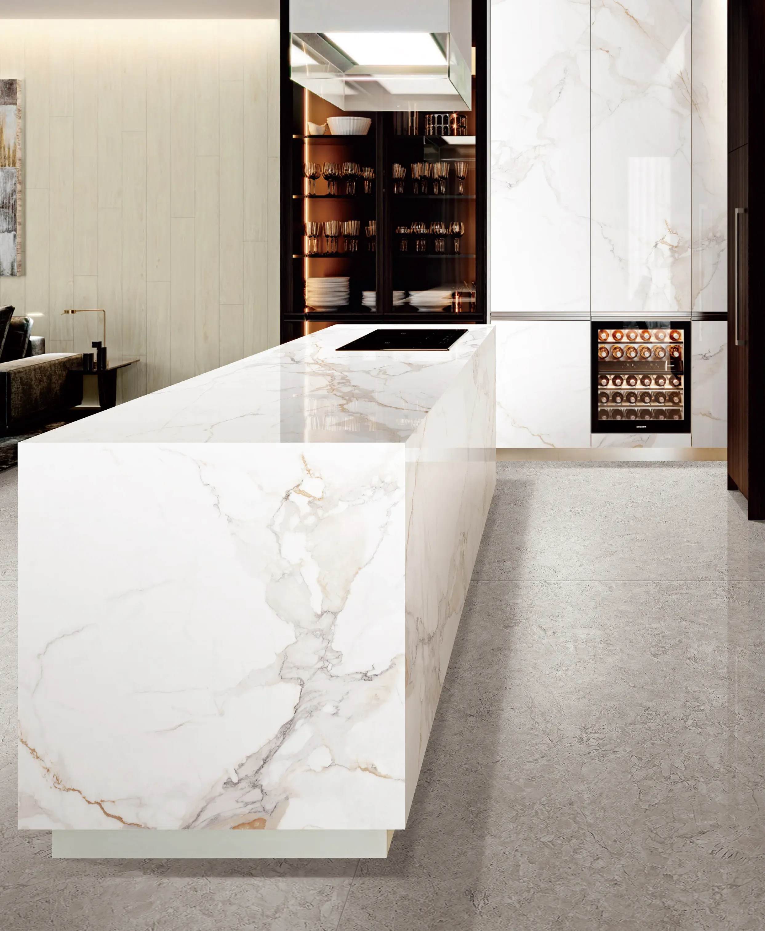 Calacatta Golden waterfall island in a contemporary kitchen