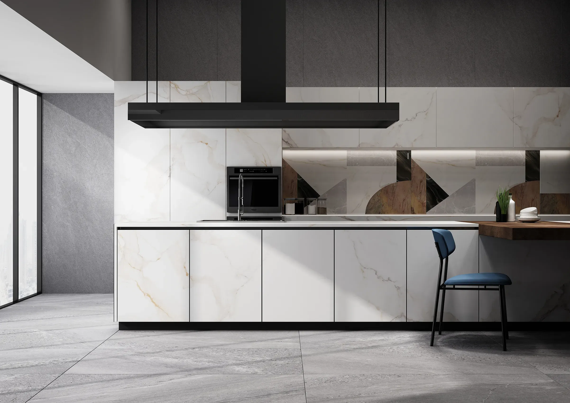 Calacatta Golden cabinetry and countertop in a modern grey kitchen