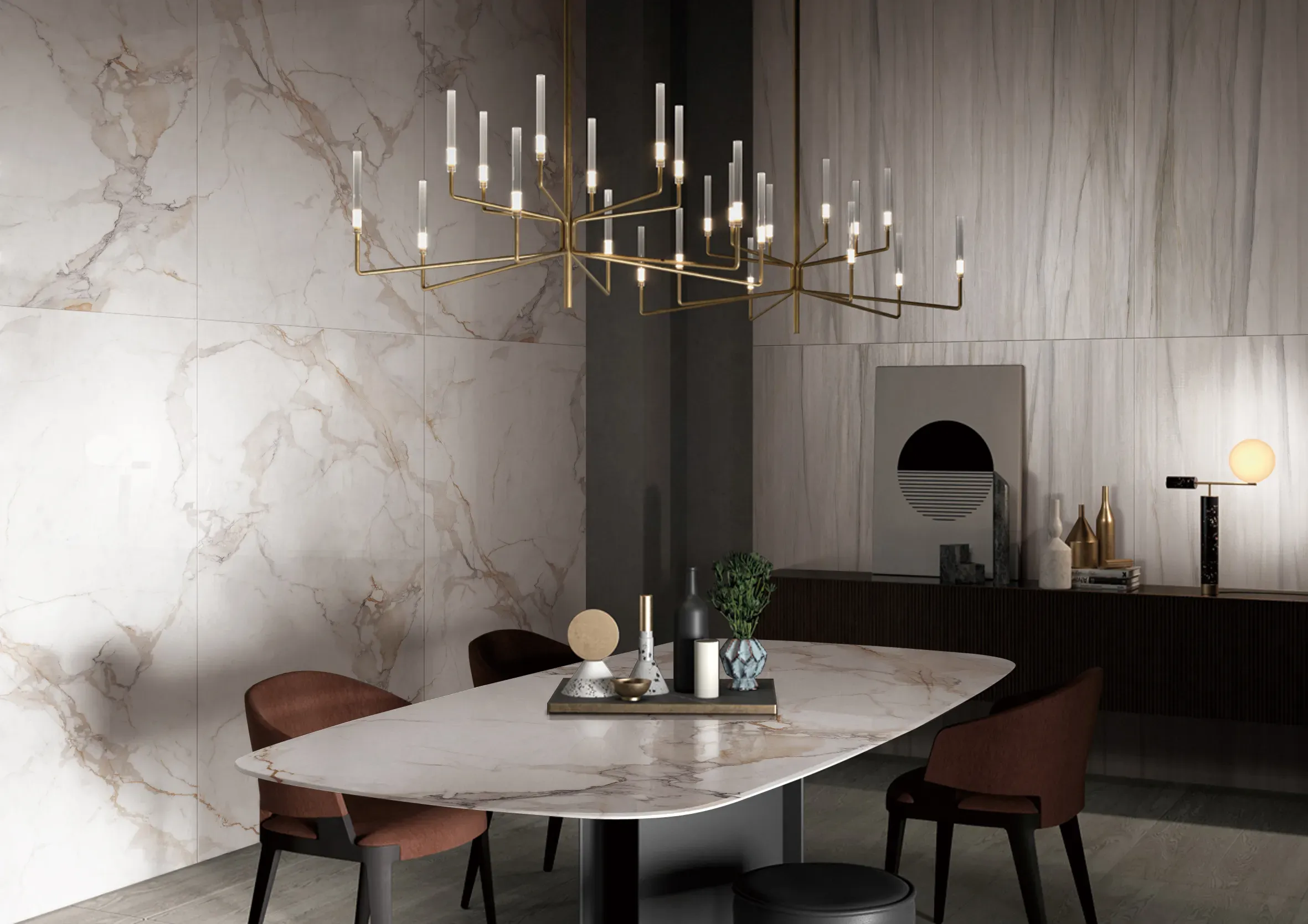 Calacatta Golden dining table and wall panels in an elegant dining room