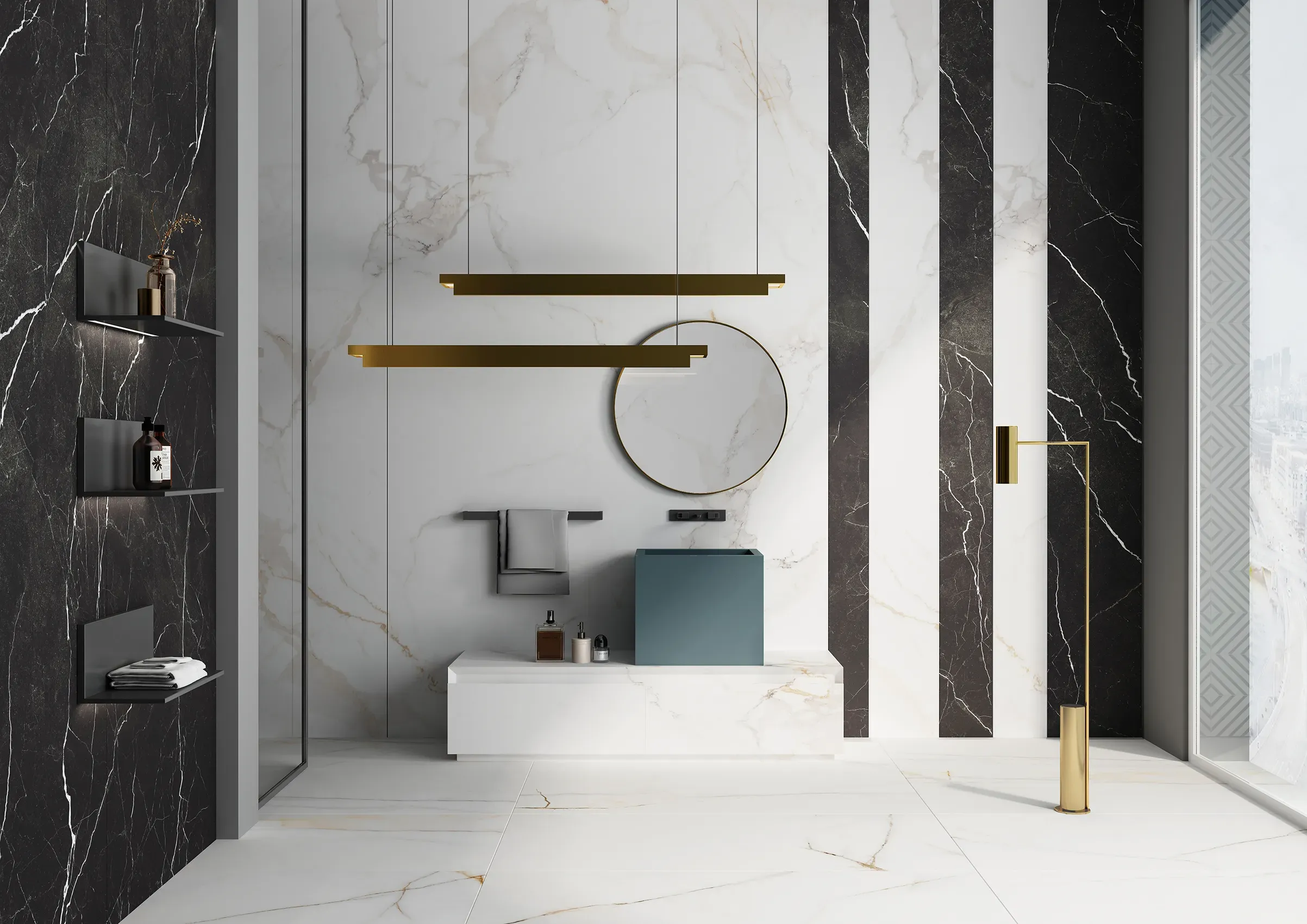 Calacatta Golden wall panels in a monochrome bathroom