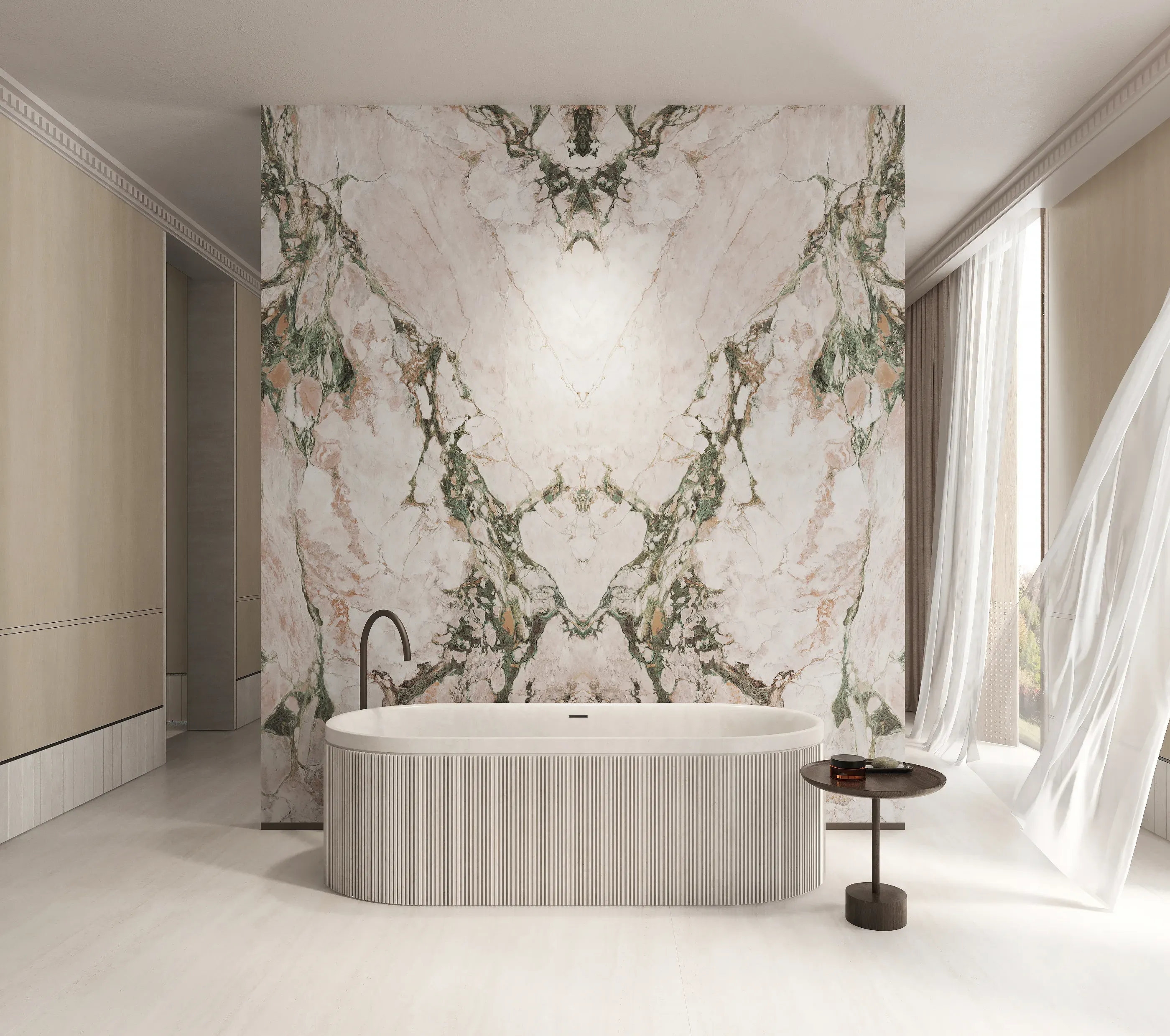 Bookmatched Four Season porcelain bathroom feature wall