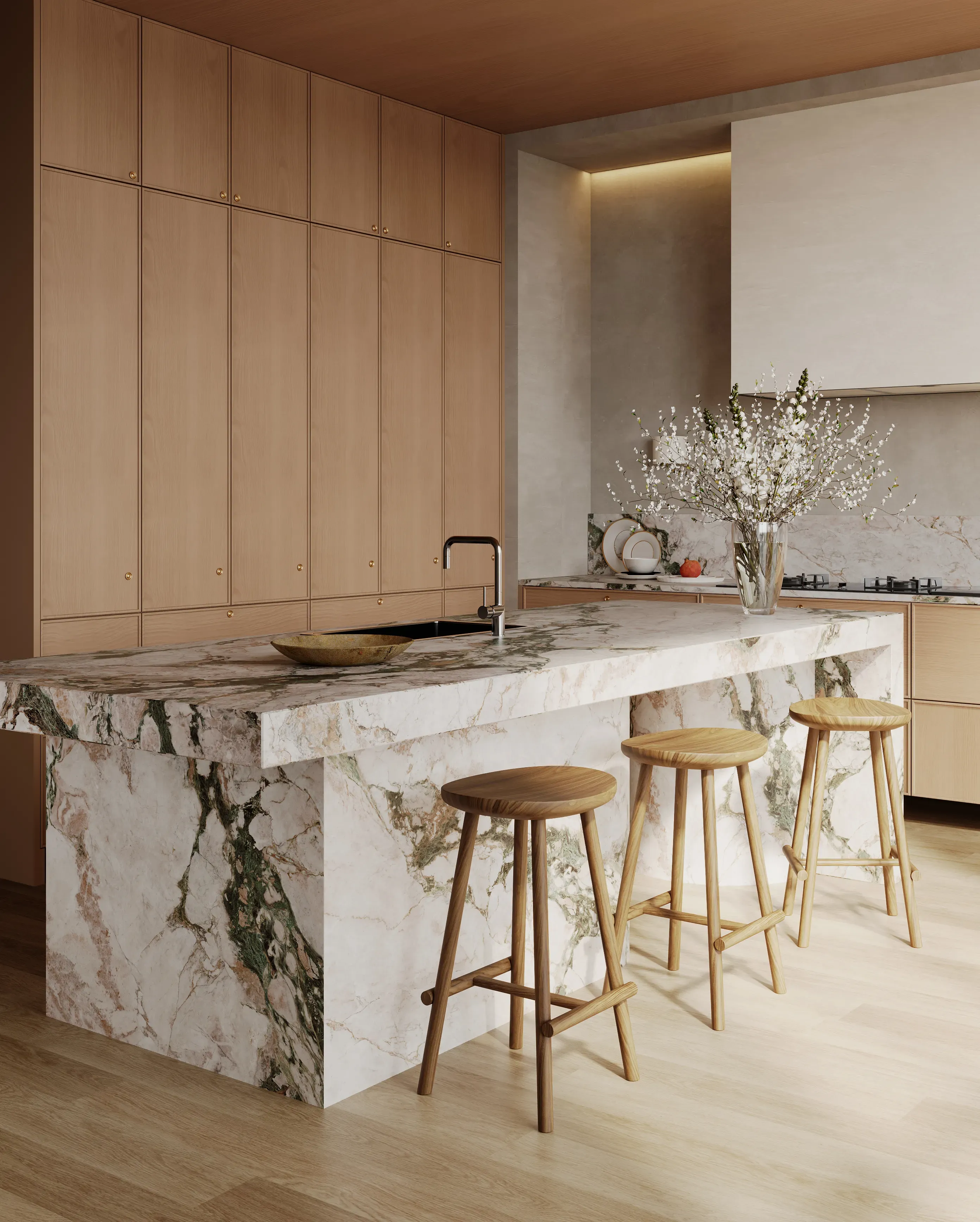 Four Season porcelain kitchen island with timber stools