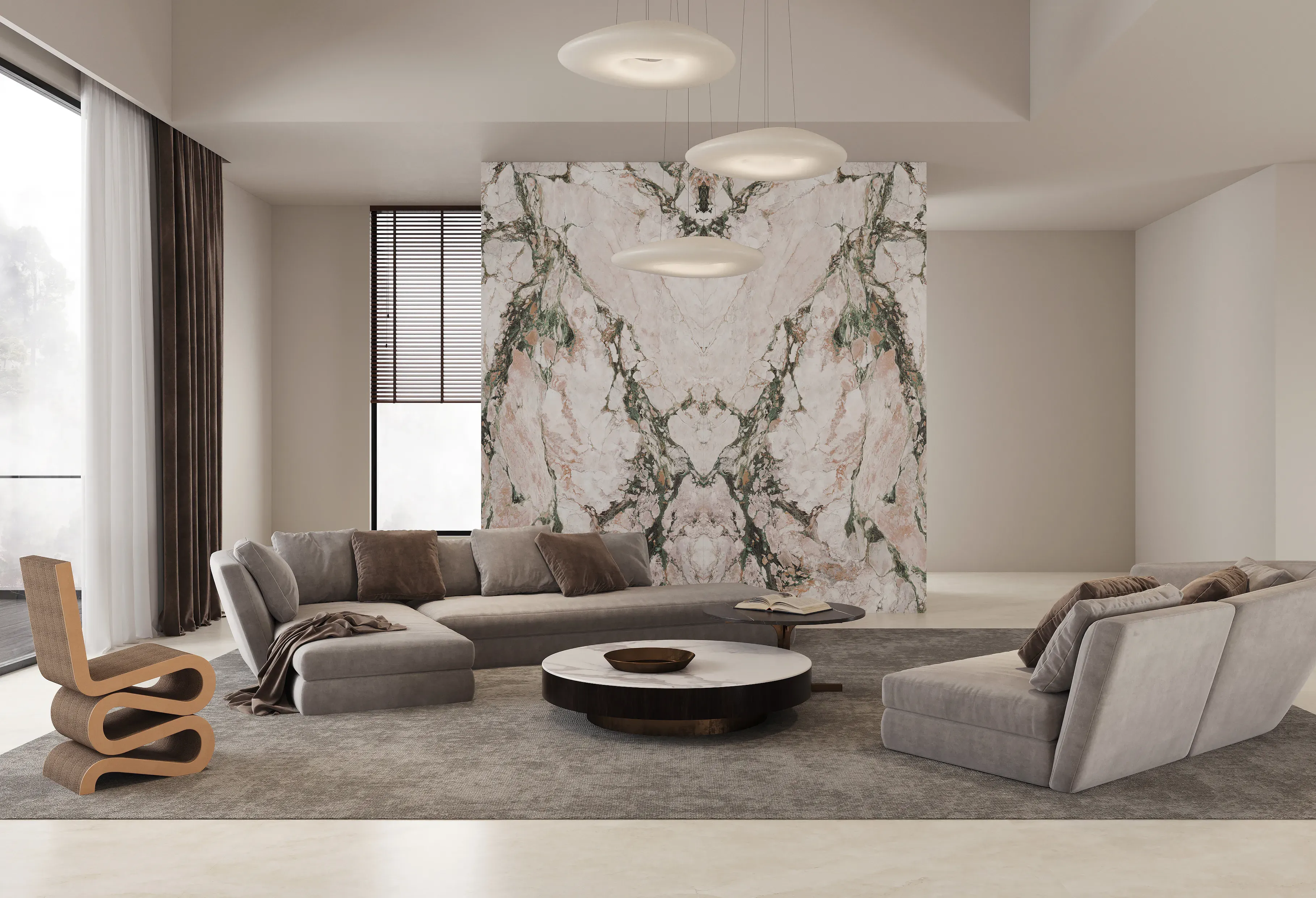 Bookmatched Four Season porcelain living room feature wall
