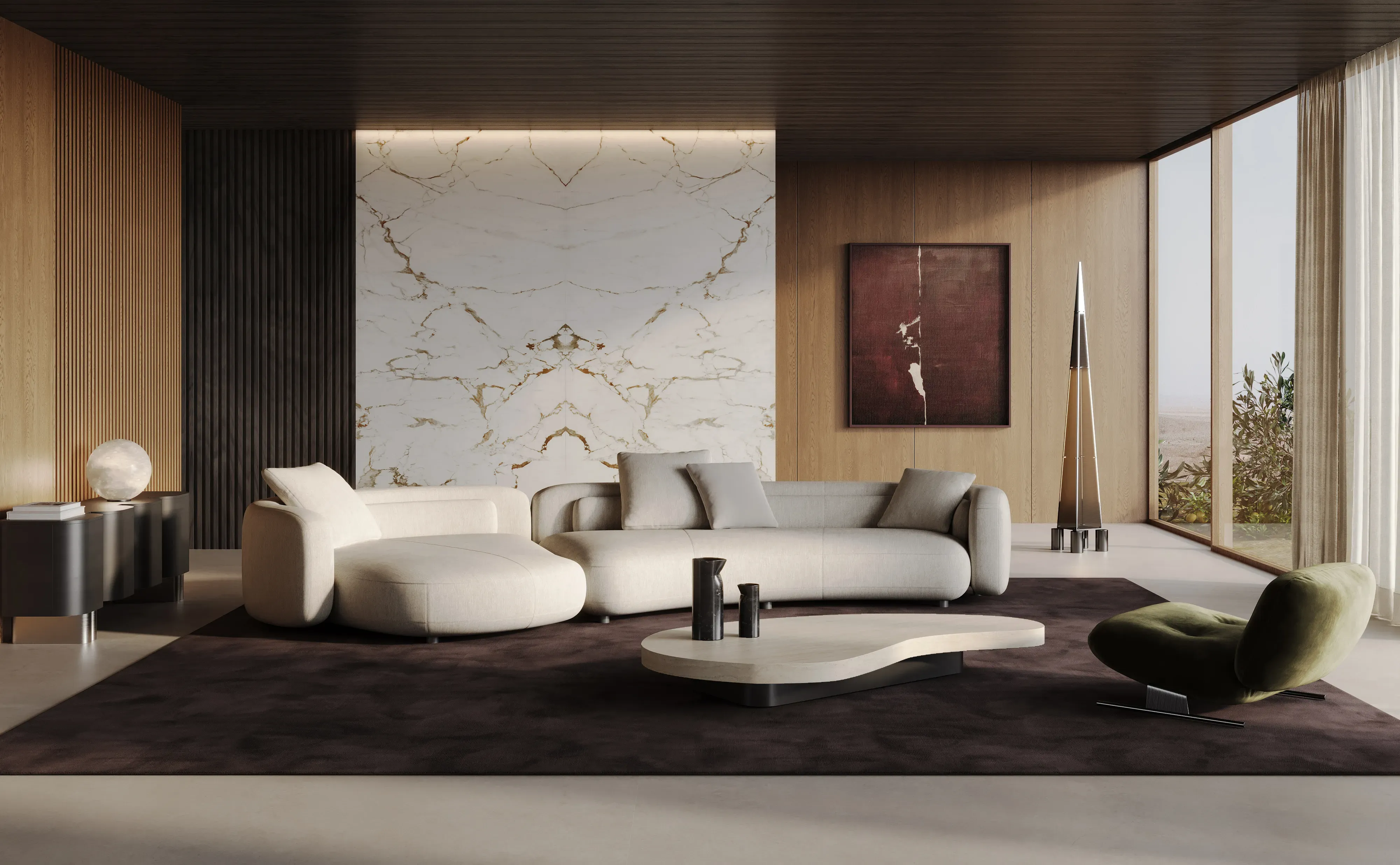 Bookmatched Macchia Fine porcelain feature wall