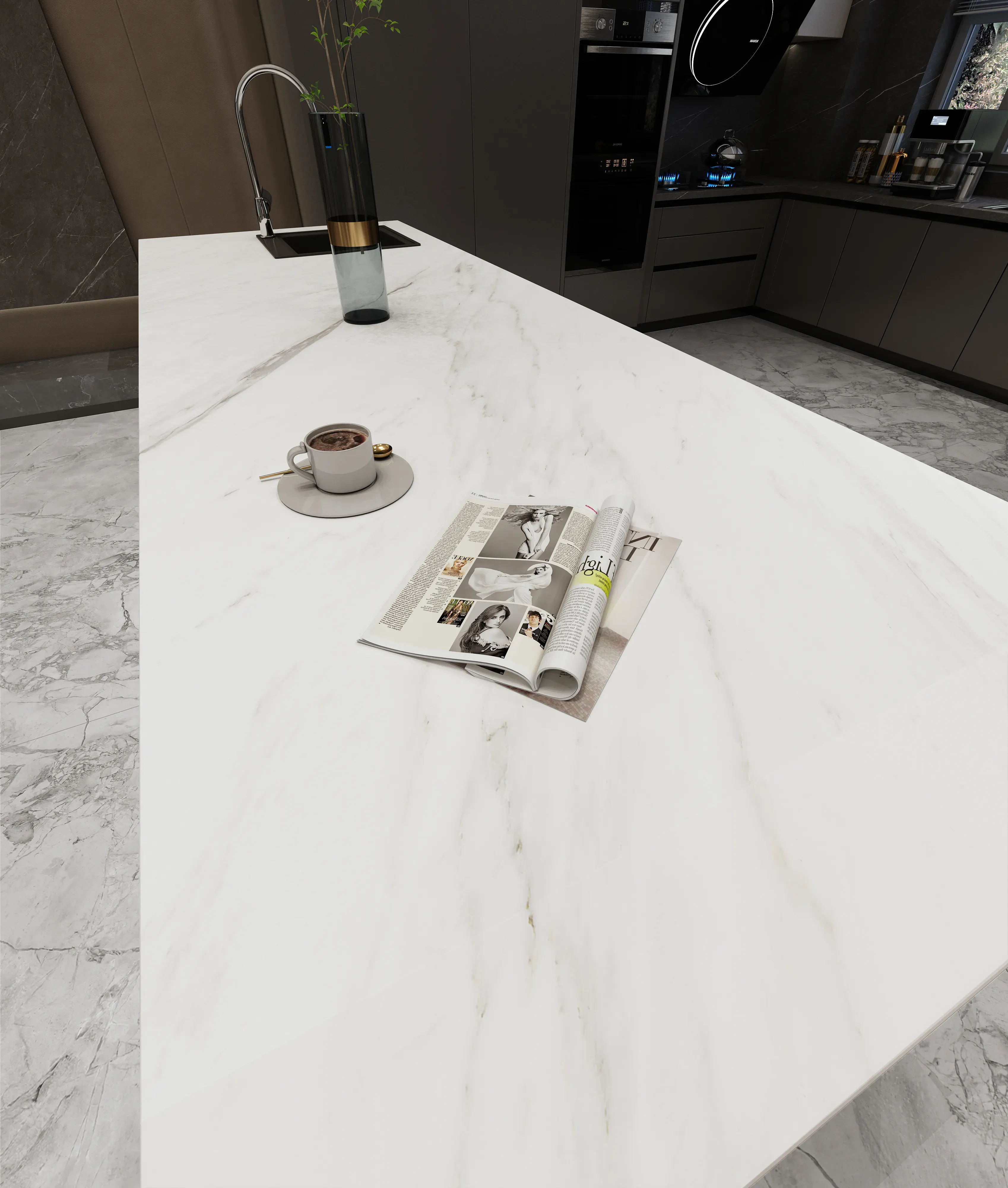 Raffaello porcelain countertop in a dark modern kitchen