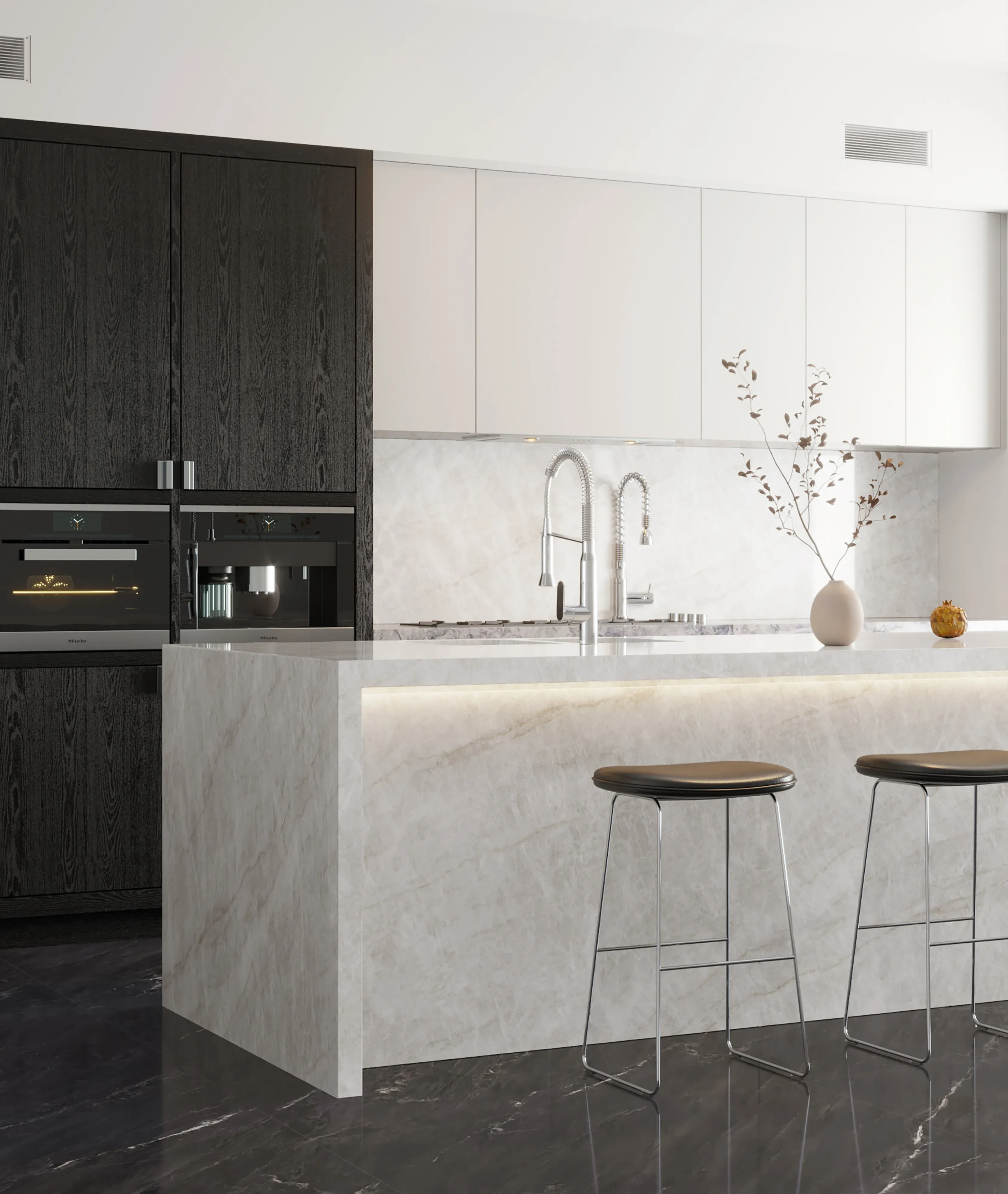 Taj Mahal Pearl porcelain countertop in a warm timber kitchen