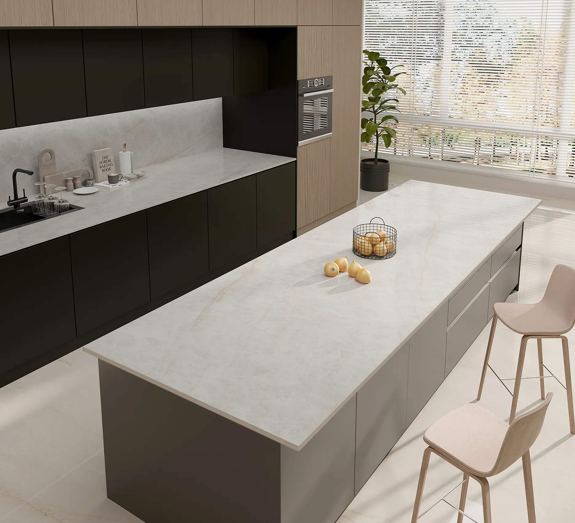 Taj Mahal Pearl porcelain kitchen island with seating