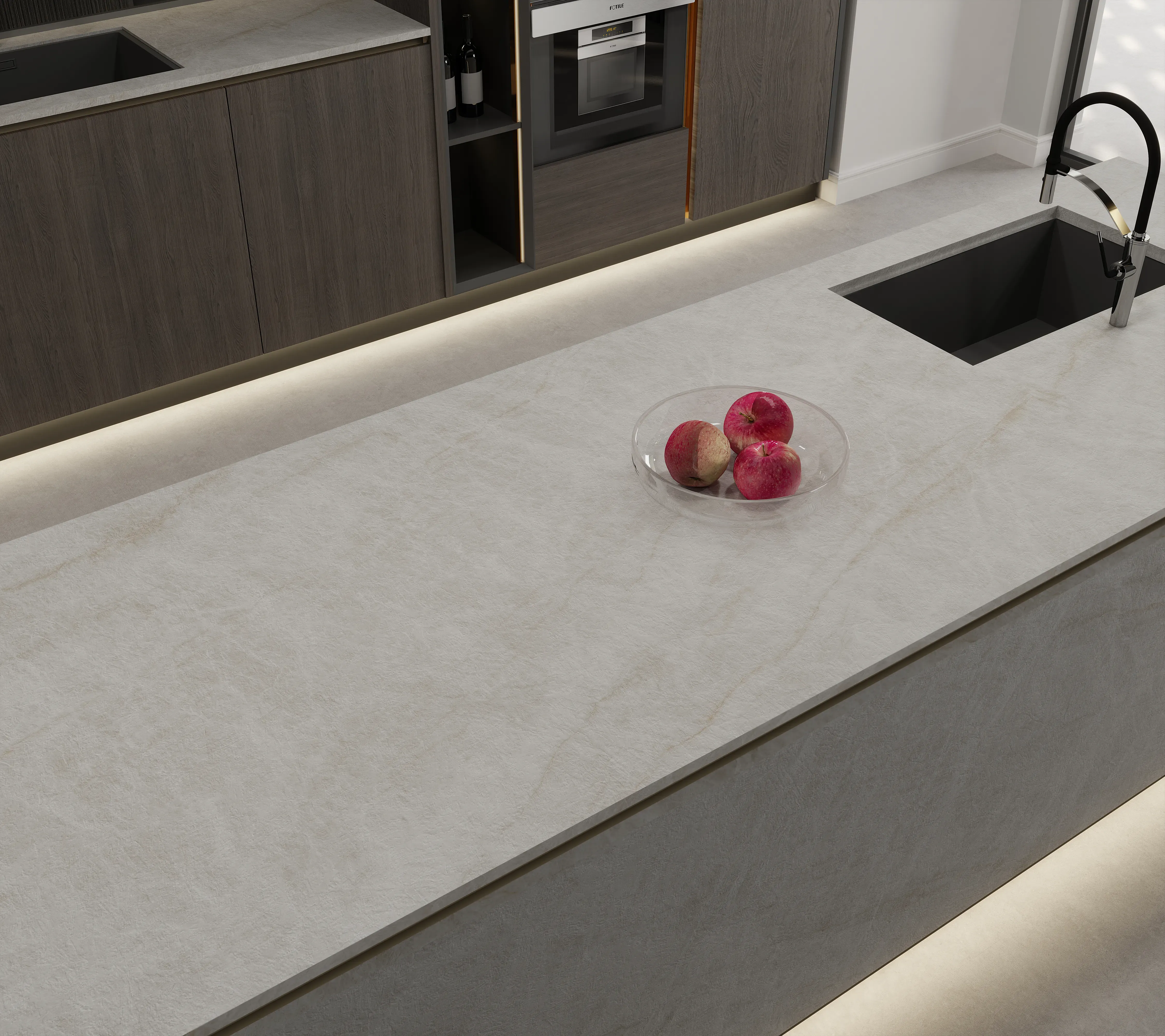 Close view of a Taj Mahal Pearl porcelain countertop