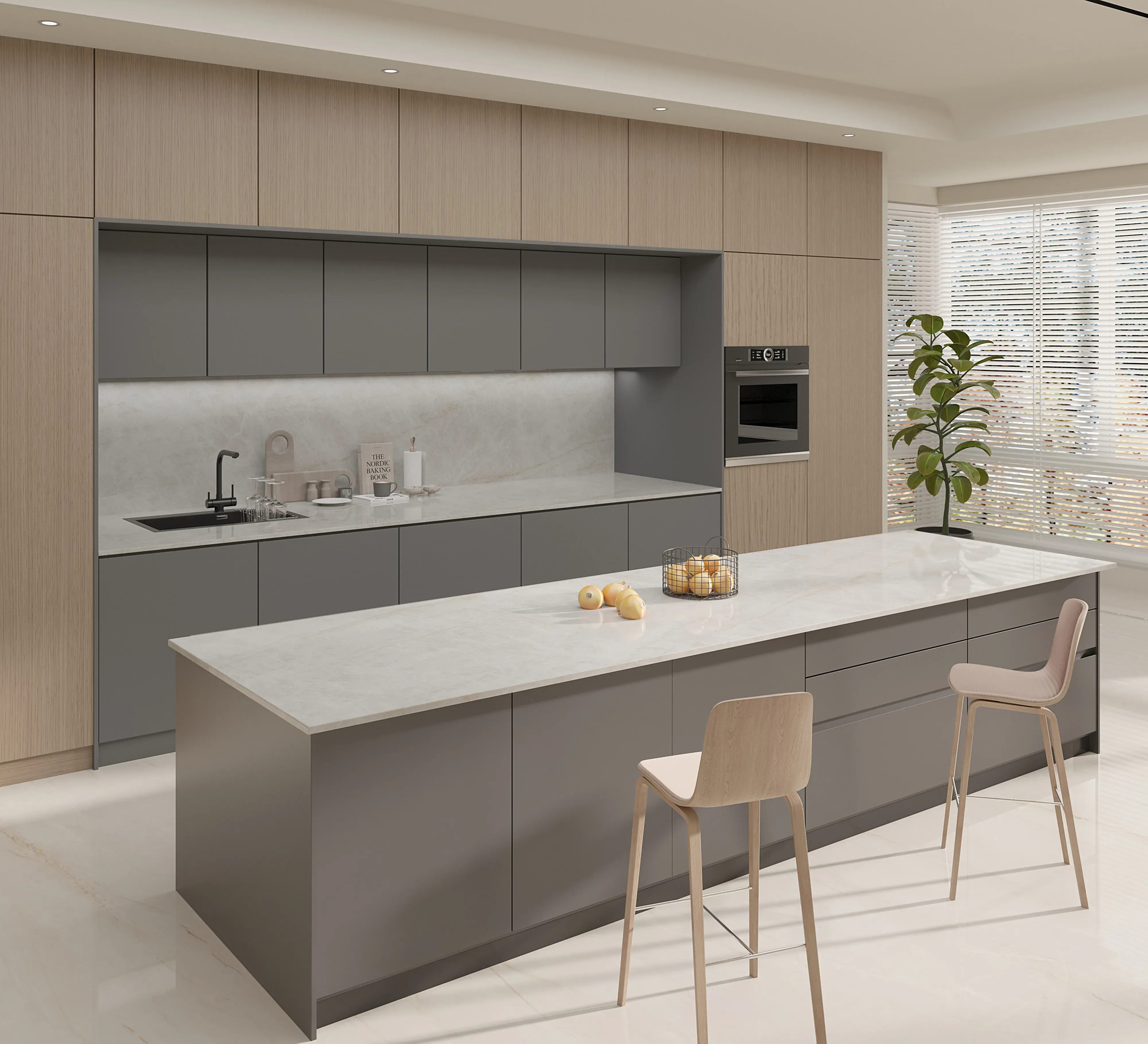 Taj Mahal Pearl porcelain in a light contemporary kitchen