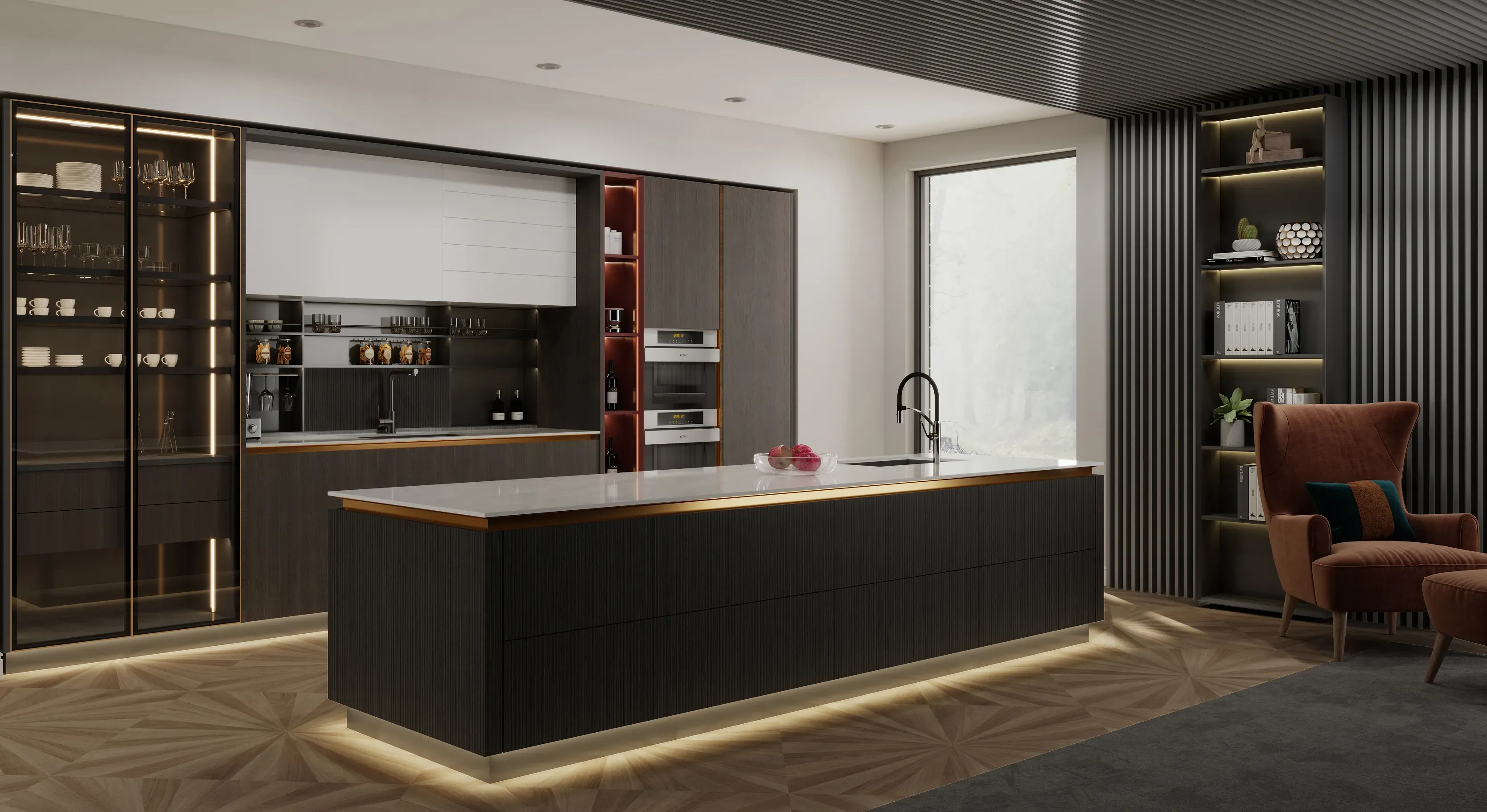 Taj Mahal Pearl porcelain island in an illuminated dark kitchen