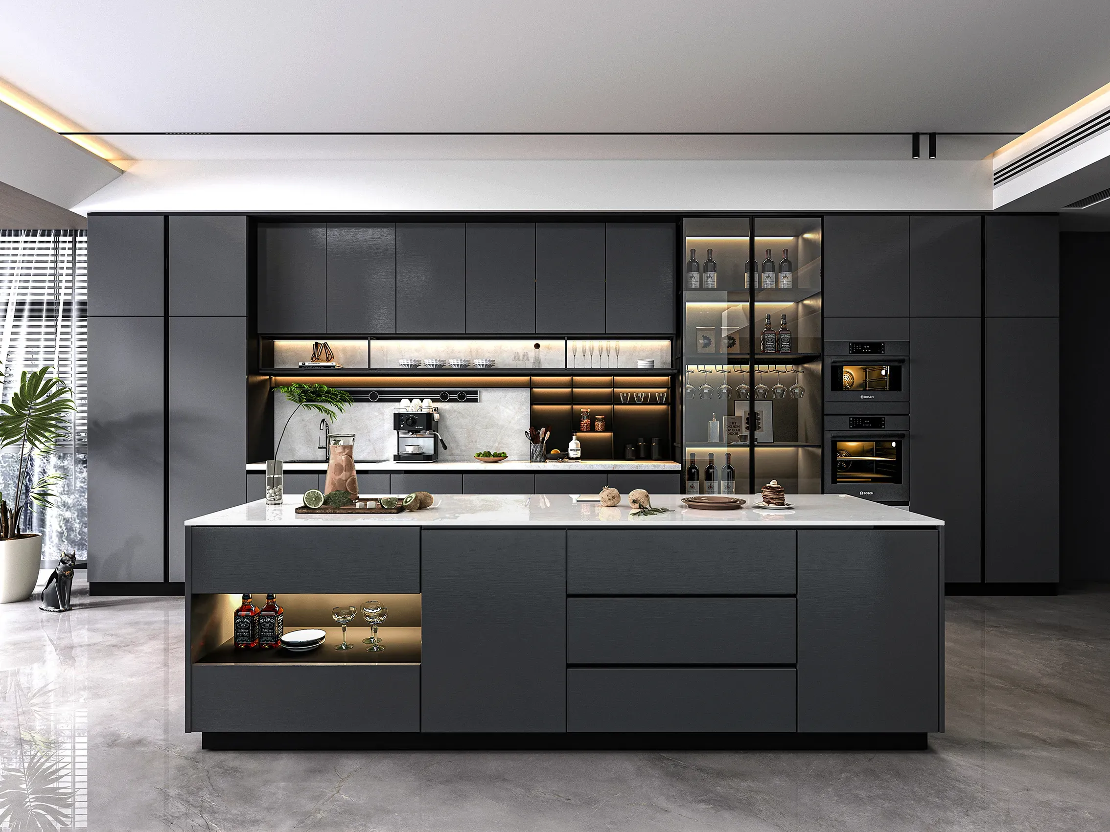 Taj Mahal Pearl porcelain worktop in a charcoal kitchen