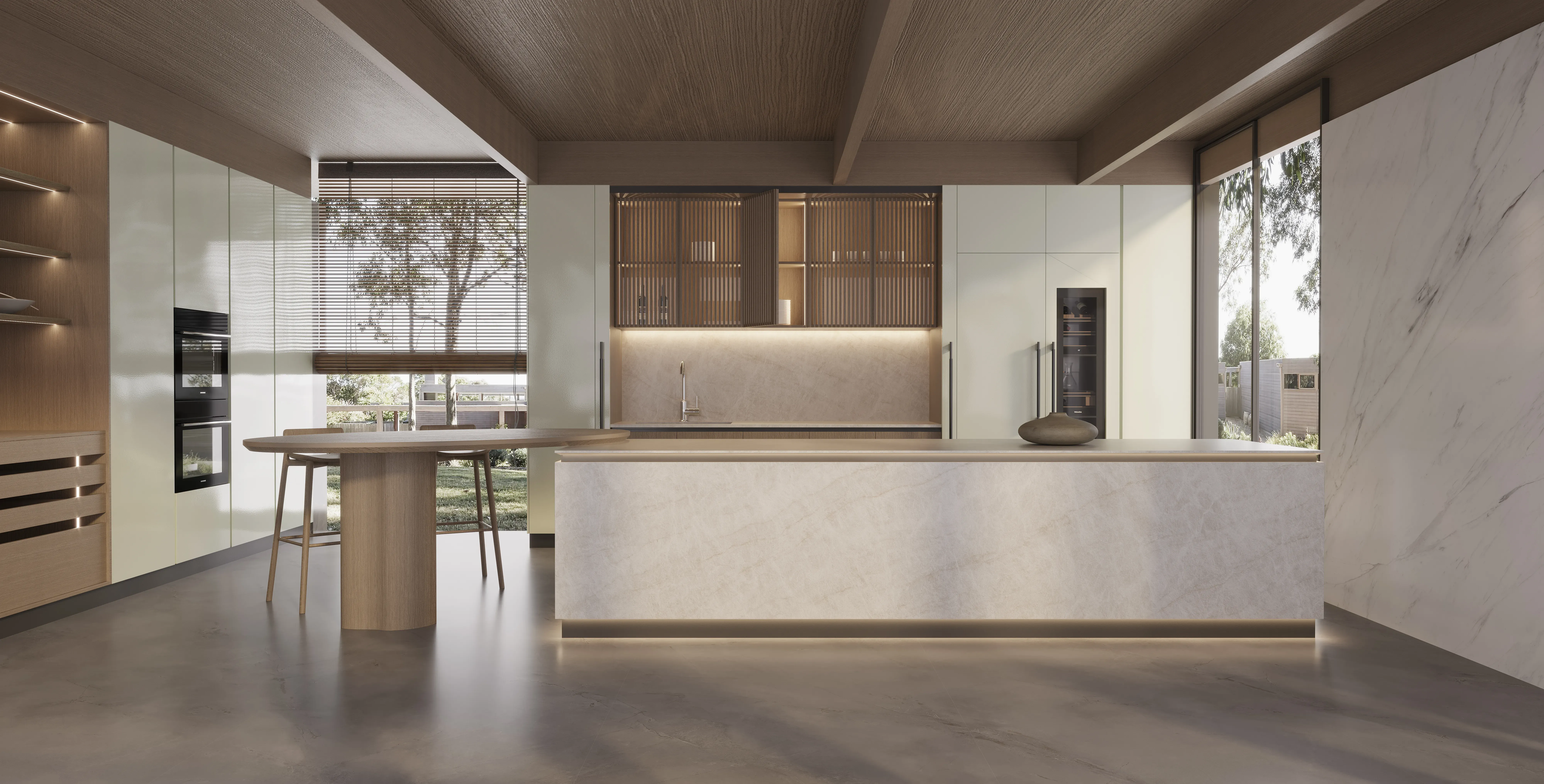 Taj Mahal Pearl porcelain island in a warm neutral kitchen