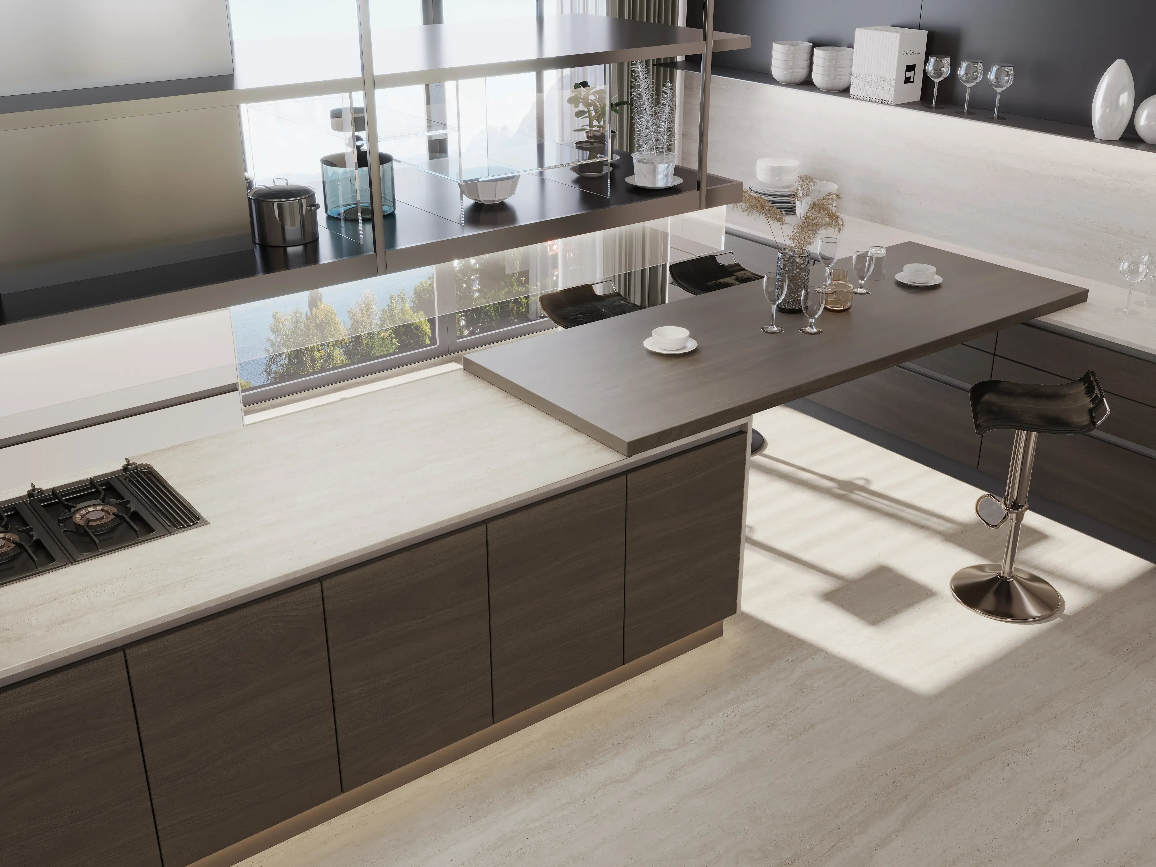 Travertine Chiaro porcelain kitchen and dining surfaces