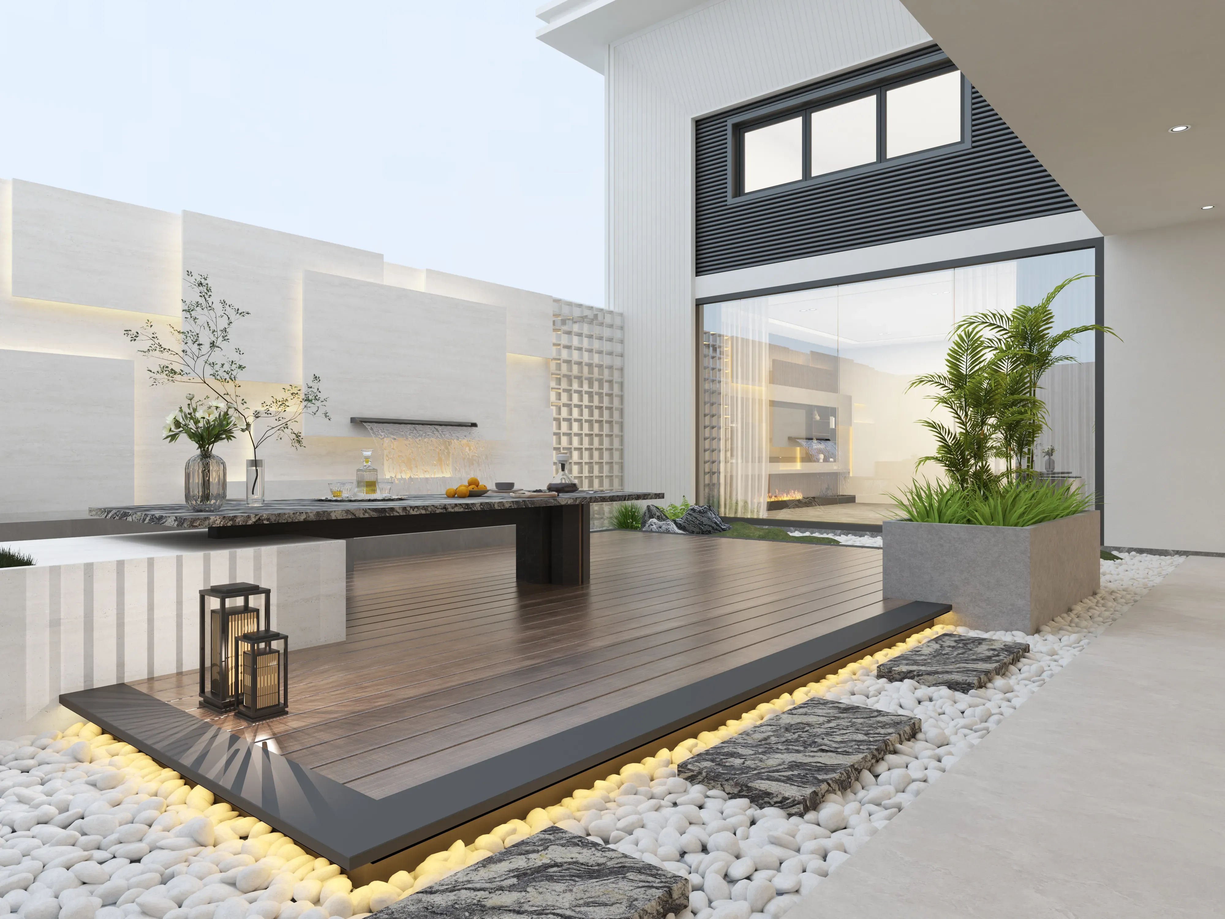Travertine Chiaro porcelain in a landscaped courtyard
