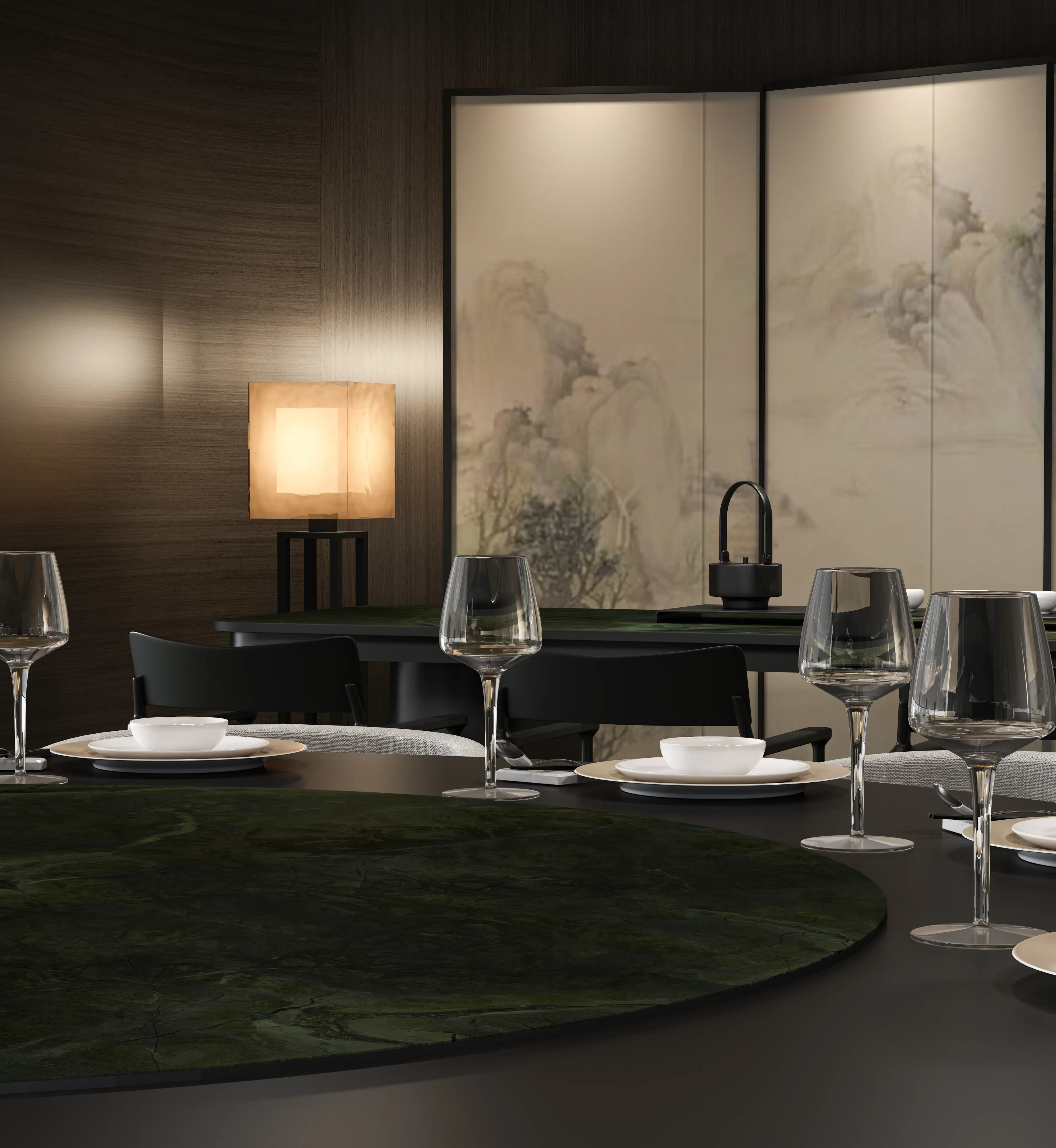Verde Vittoria porcelain dining table in an intimate interior