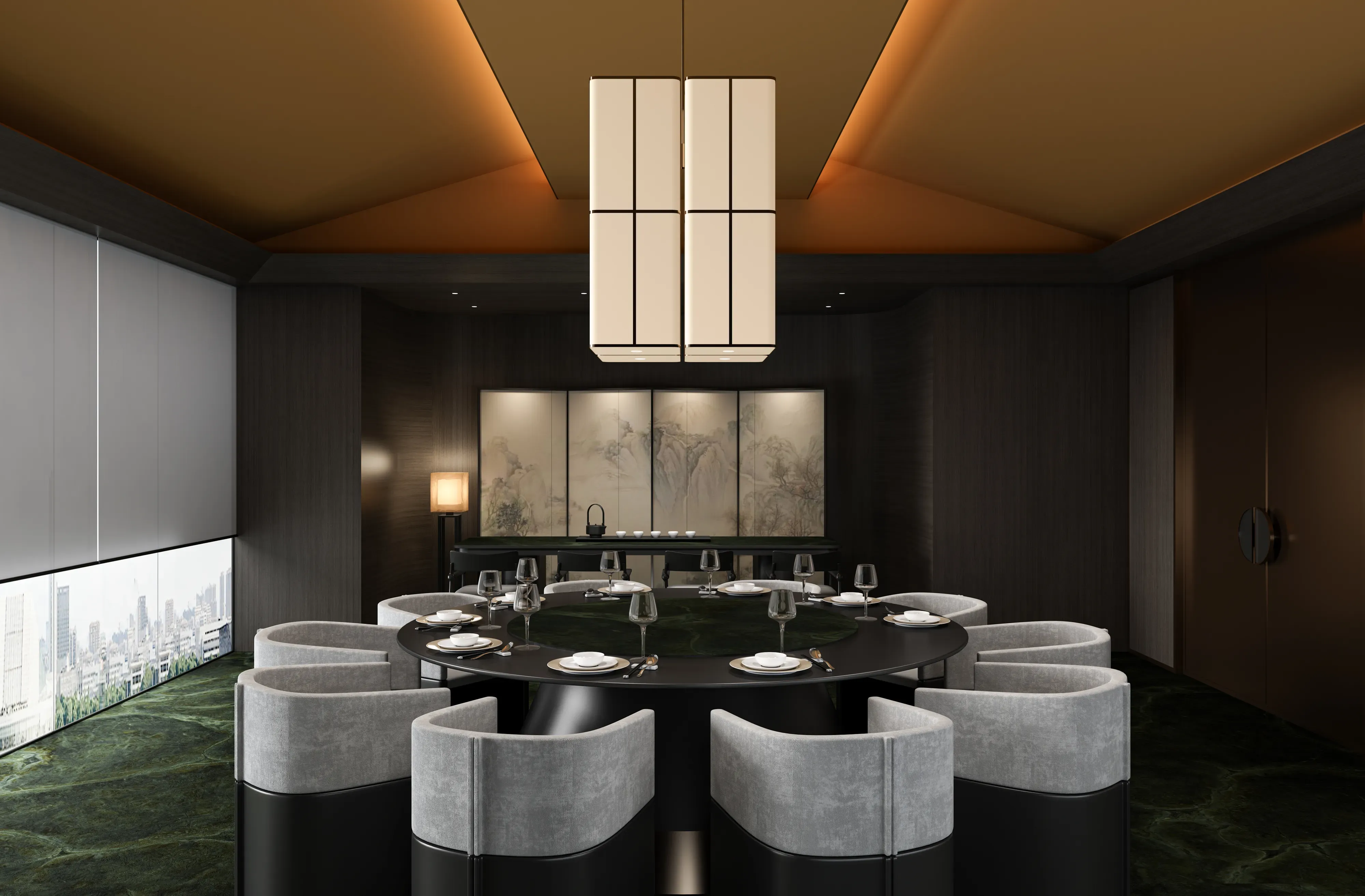 Verde Vittoria porcelain dining table in a private dining room