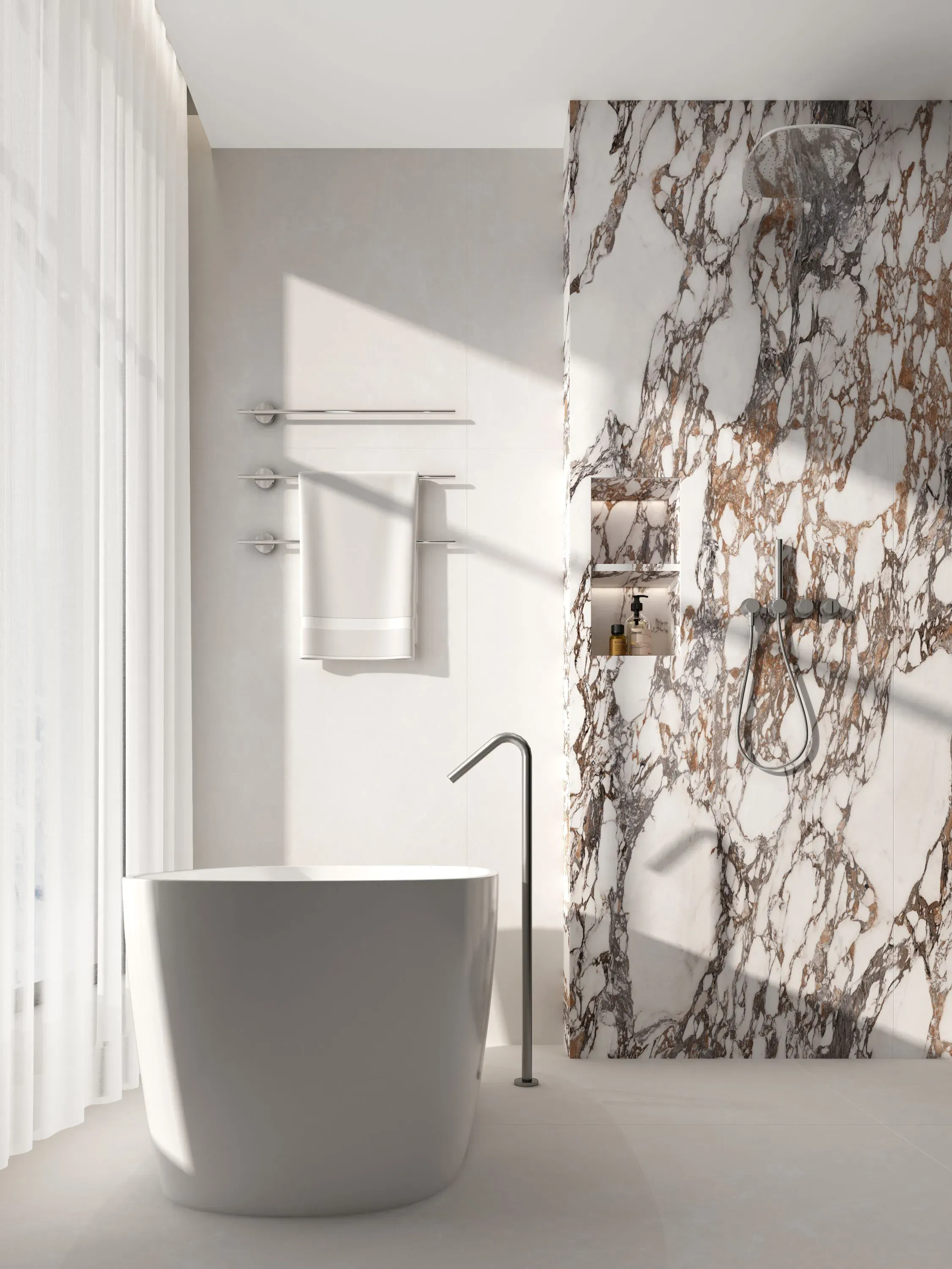 Viola Rosso porcelain shower feature wall