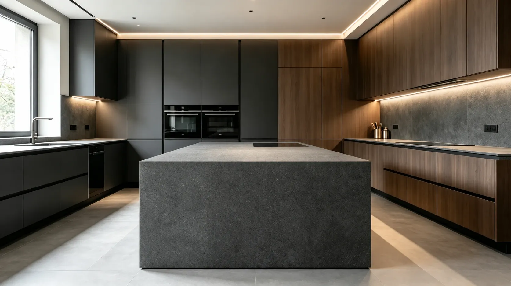 Phantom Grey stone island in a dark timber kitchen