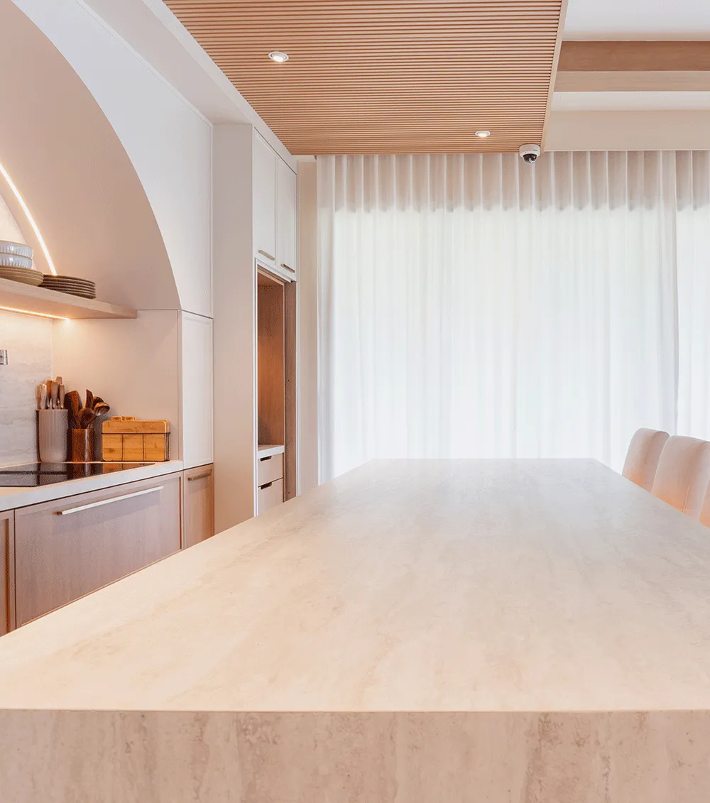 Close view across a Travertine White kitchen countertop